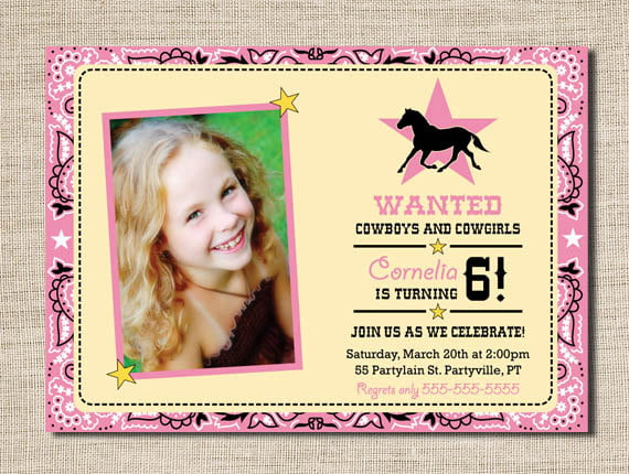 Cute Wanted Cowgirl Birthday Invitations