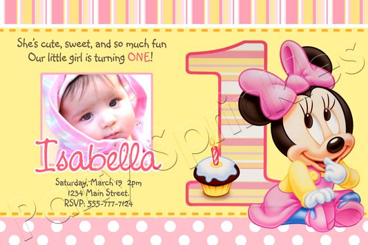 Yellow Minnie Mouse 1st Birthday Invitations
