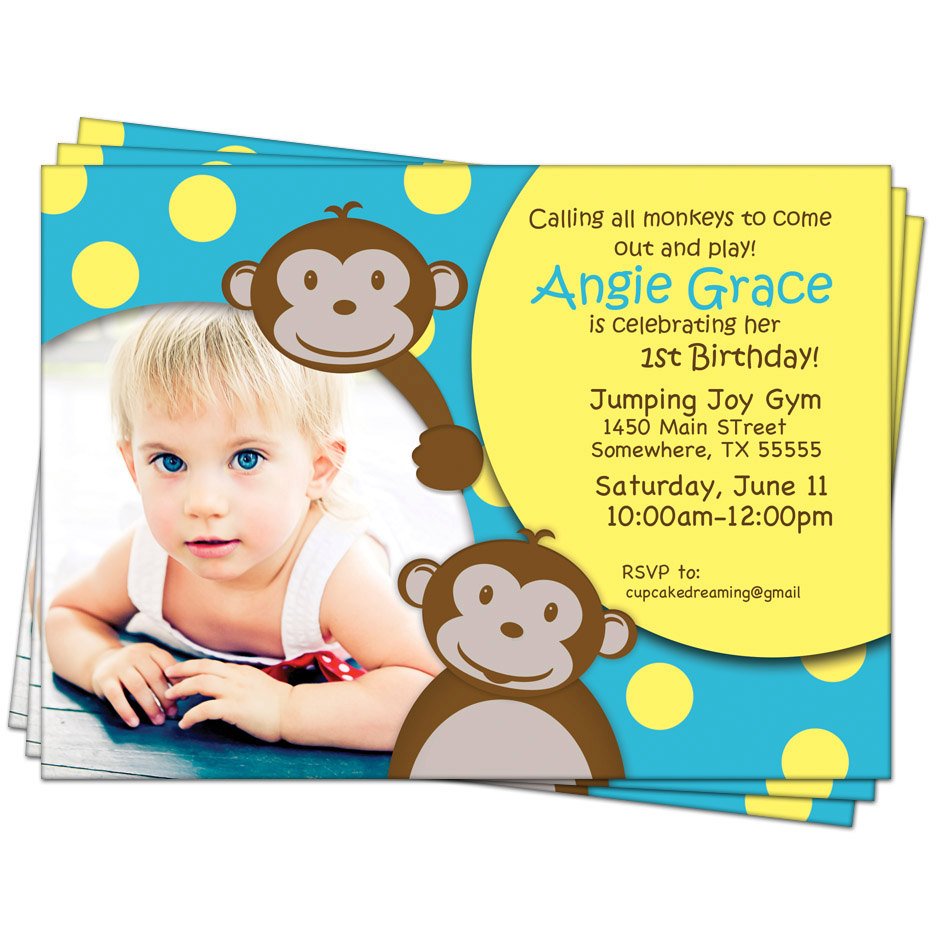 Yellow and Blue Monkey Birthday Invitations