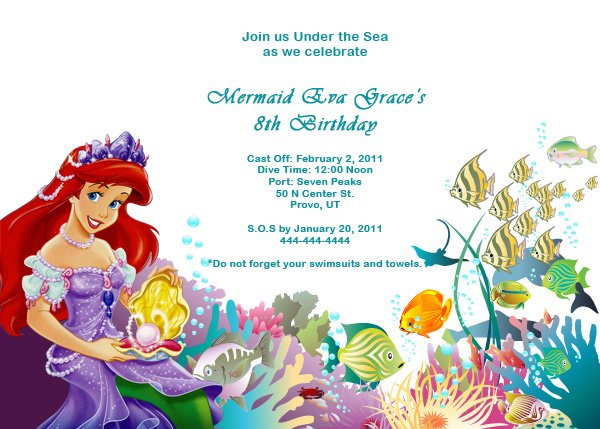Princess Ariel Mermaid Birthday Invitations