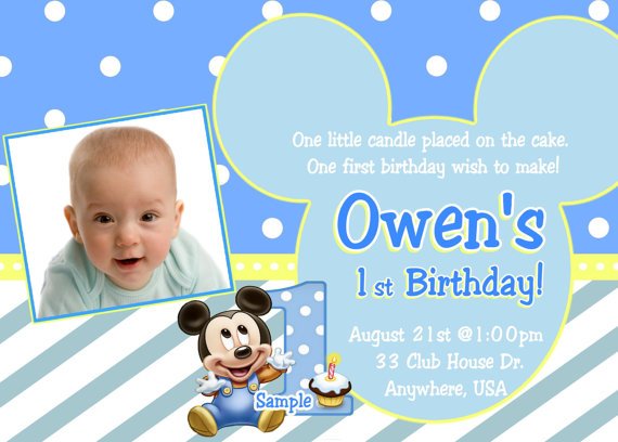 Simple Blue Mickey Mouse 1st Birthday Invitations