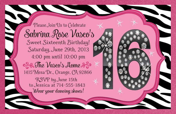 Sweet Sixteen zebra birthday invitations