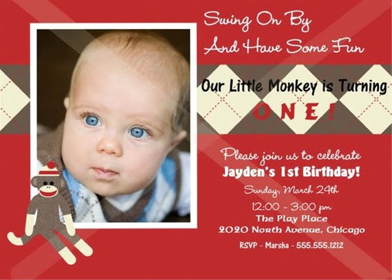 sock monkey first birthday invitations
