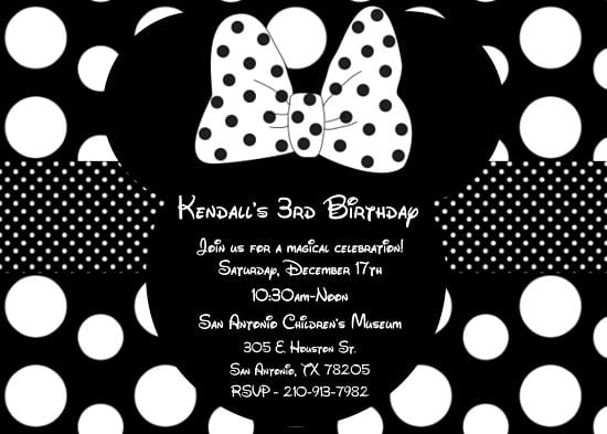 Girls Minnie Mouse black and white birthday invitations