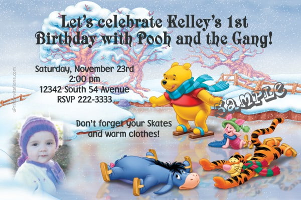 Ice skating winnie the pooh birthday invitations