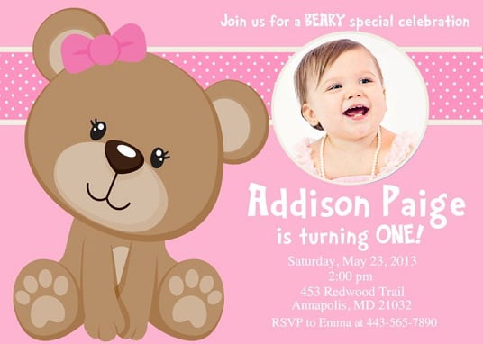 Pink teddy bear birthday invitations