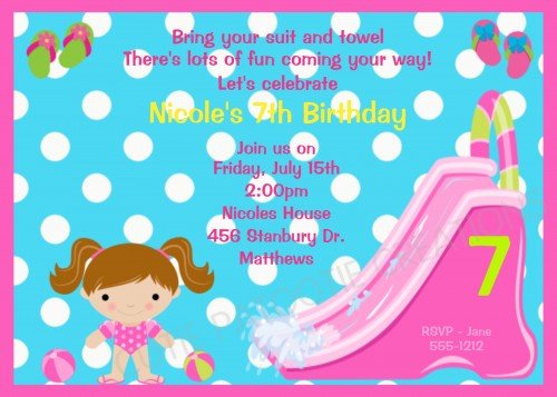 Pool party water slide birthday invitations