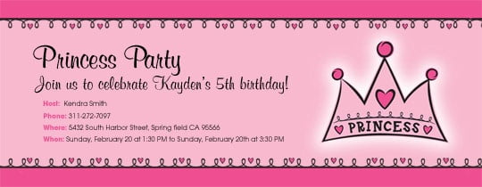 Princess party evite birthday invitations