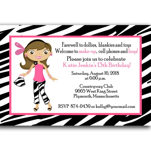 Zebra print 13th birthday invitations