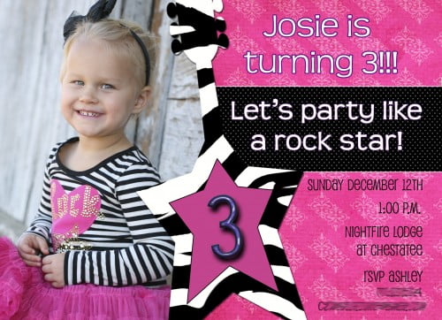 Zebra rockstar birthday invitations