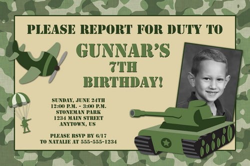 army custom photo birthday invitations