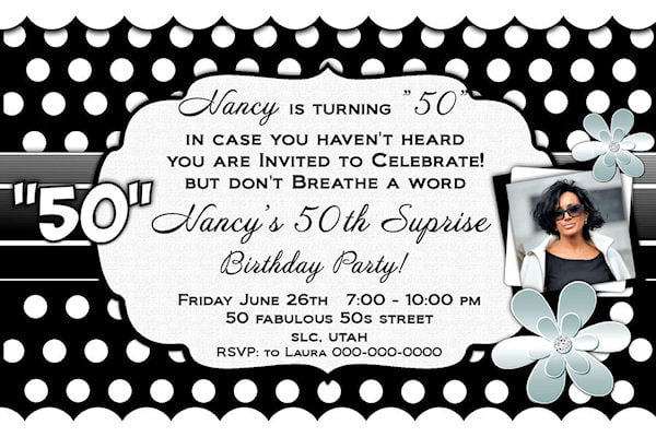 black and white 50th birthday invitations