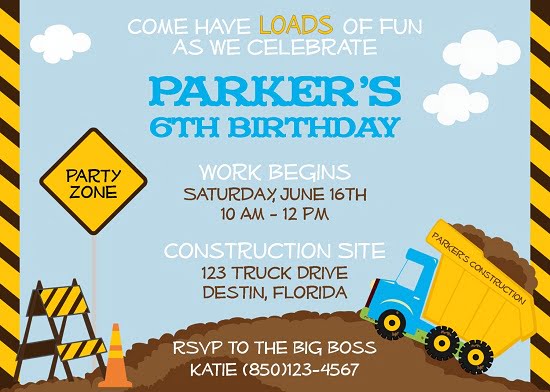 construction dump birthday party invitations