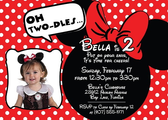 red minnie mouse birthday invitations ideas with photo