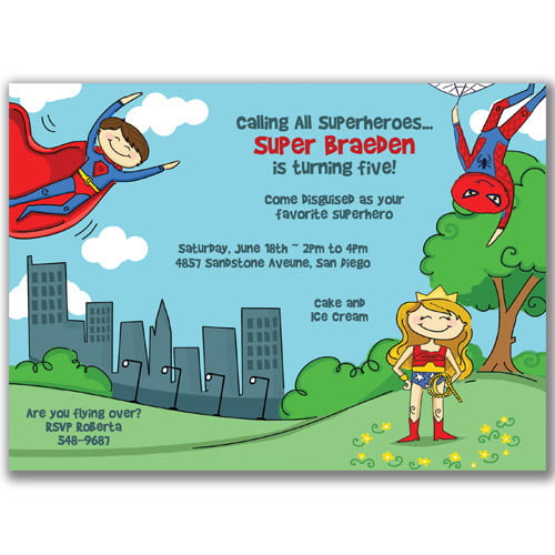 superman and wonderwoman  birthday invitations