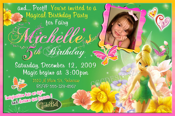 Custom photo Tinker Bell Birthday party invitation ideas