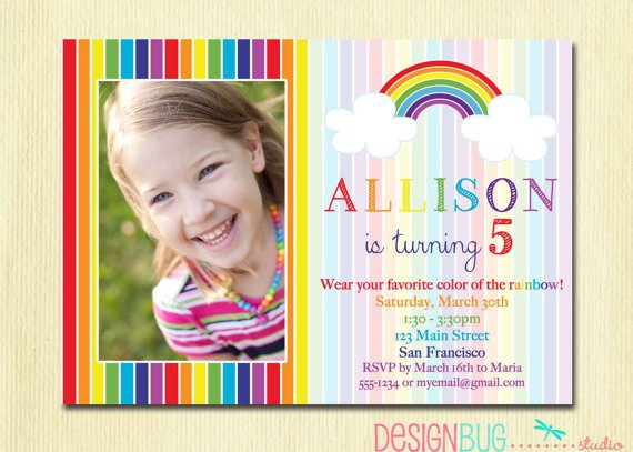 Rainbow 5th birthday invitation wording ideas