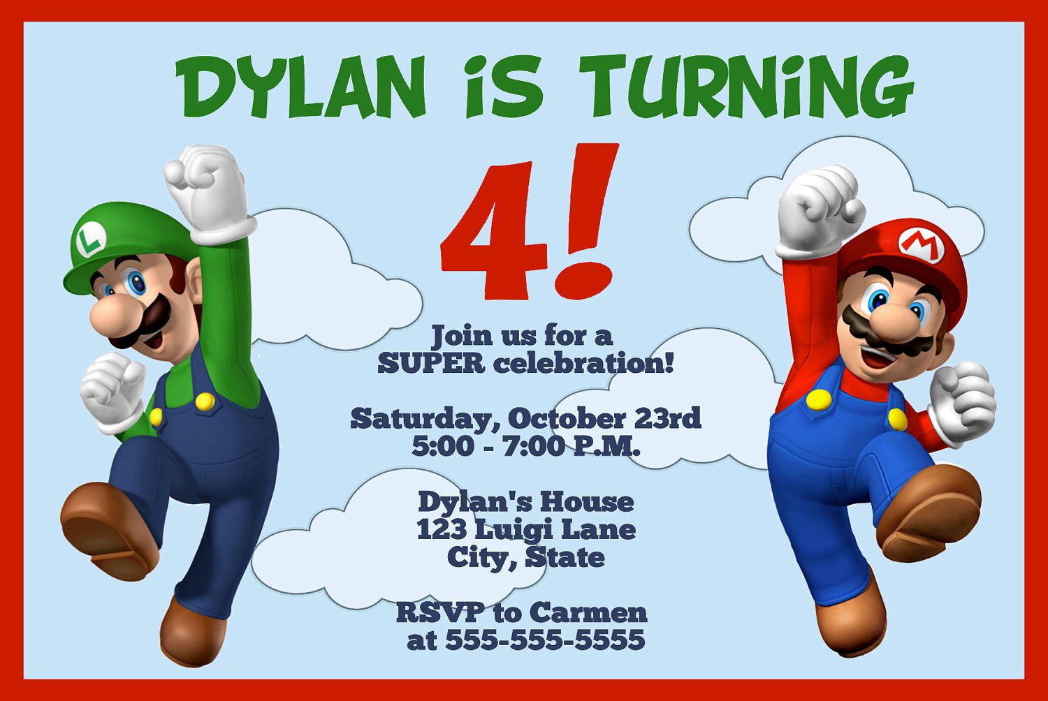 Super Mario and Luigi Birthday Invitations