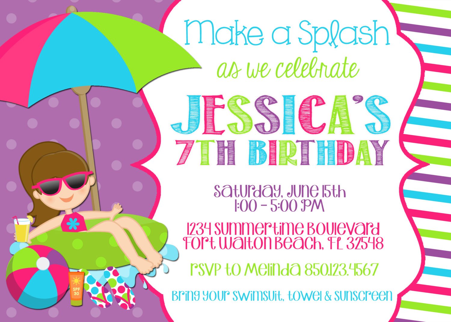 7th Girl Birthday Pool Party Invitation