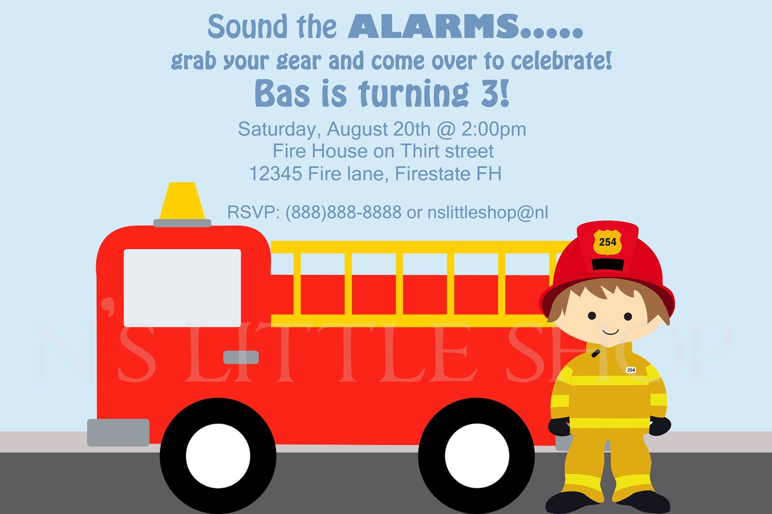Firefighter Birthday Invitation with car