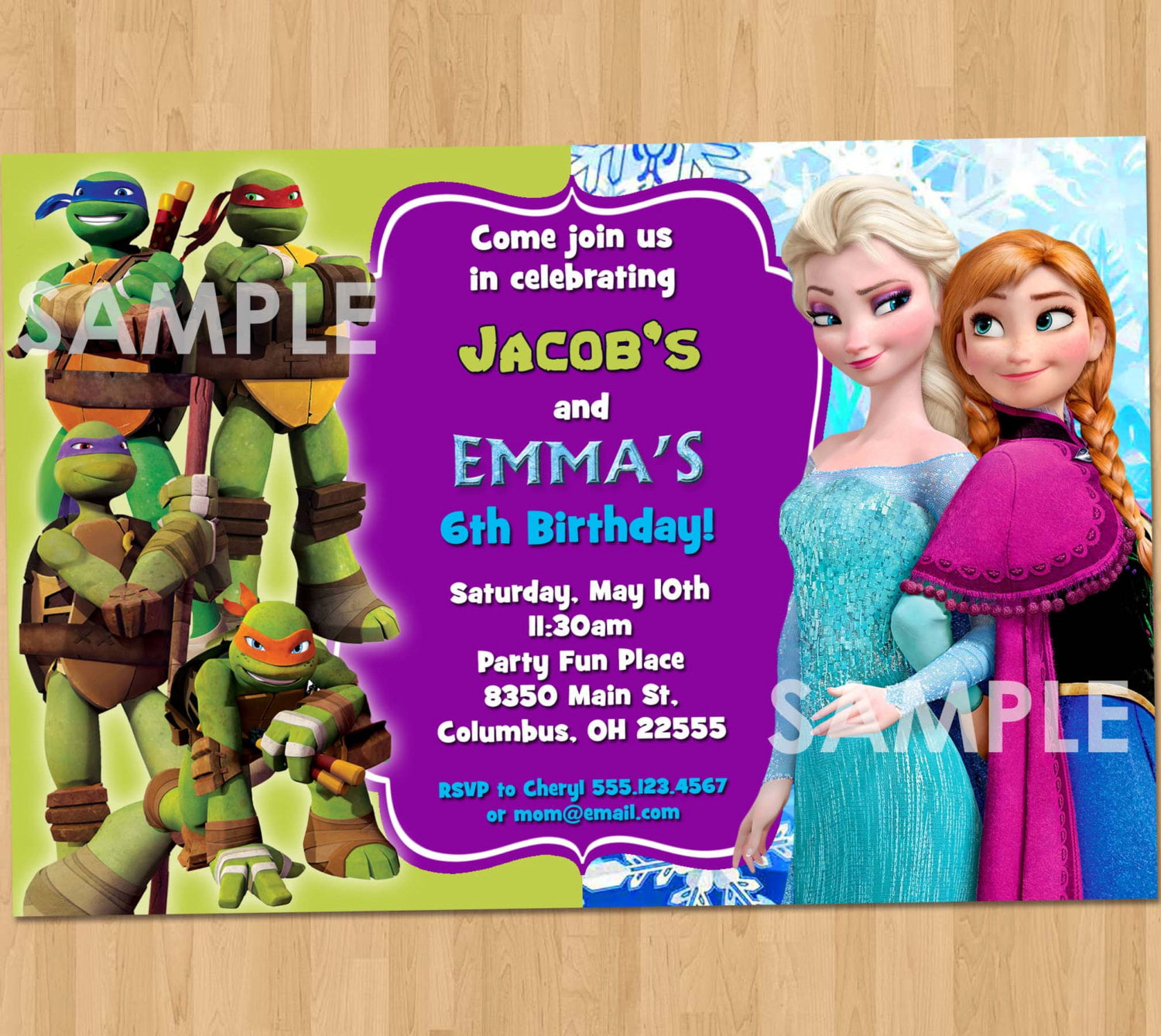 TMNT and Frozen Double Kids Birthday Party Invitations
