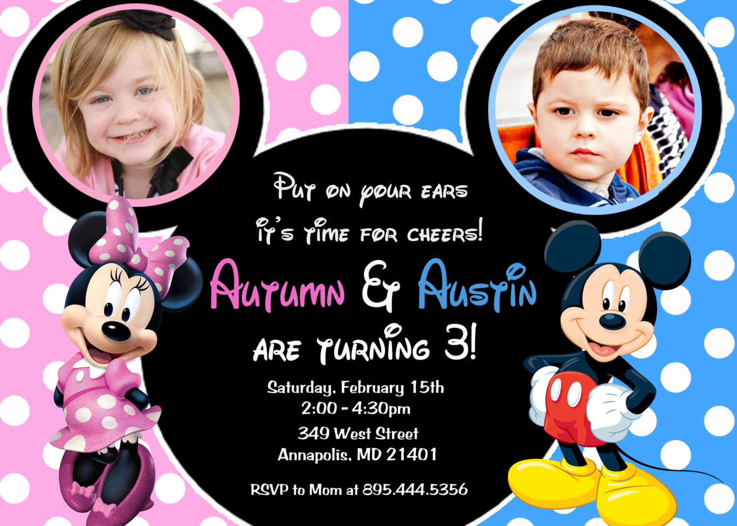 Mickey and Minnie Double Kids Birthday Party Invitations