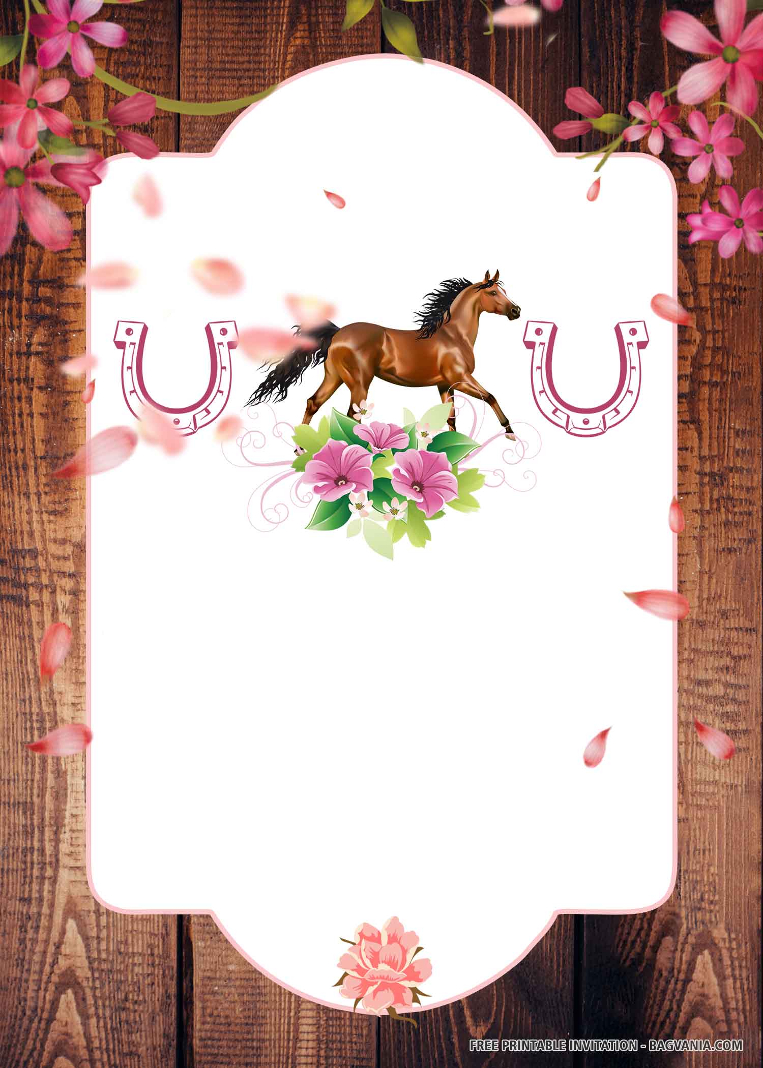 FREE Pink Horse with Horseshoes, Pink Flowers, Wood Background