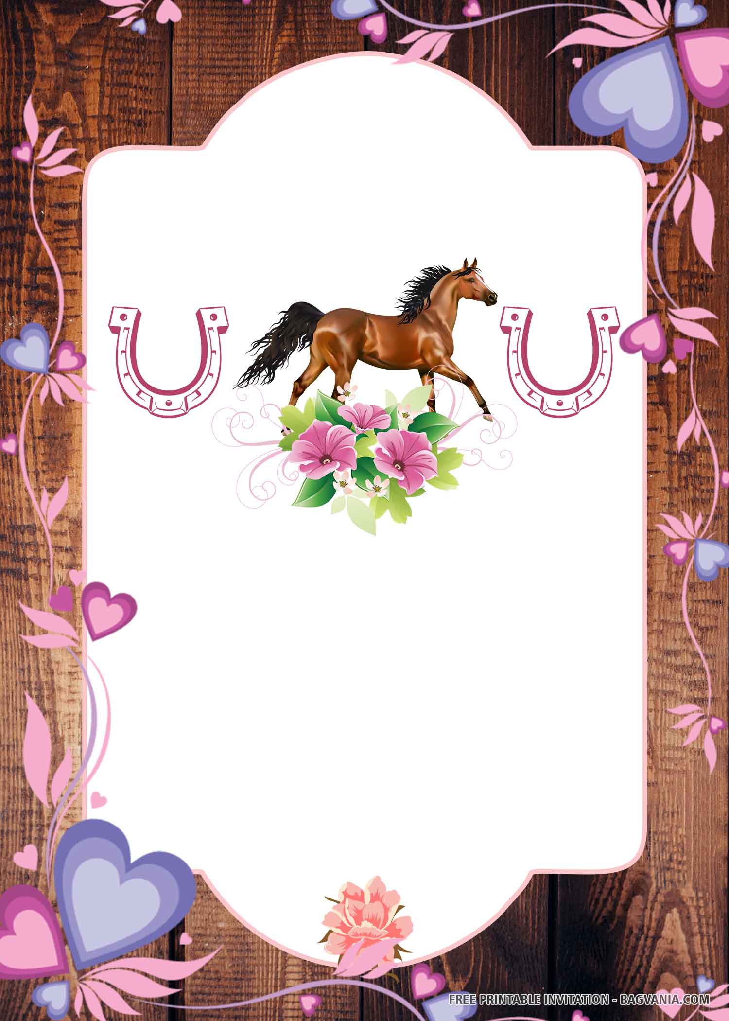FREE Pink Horse with Horseshoes, Blue and Pink Hearts, Wood Background