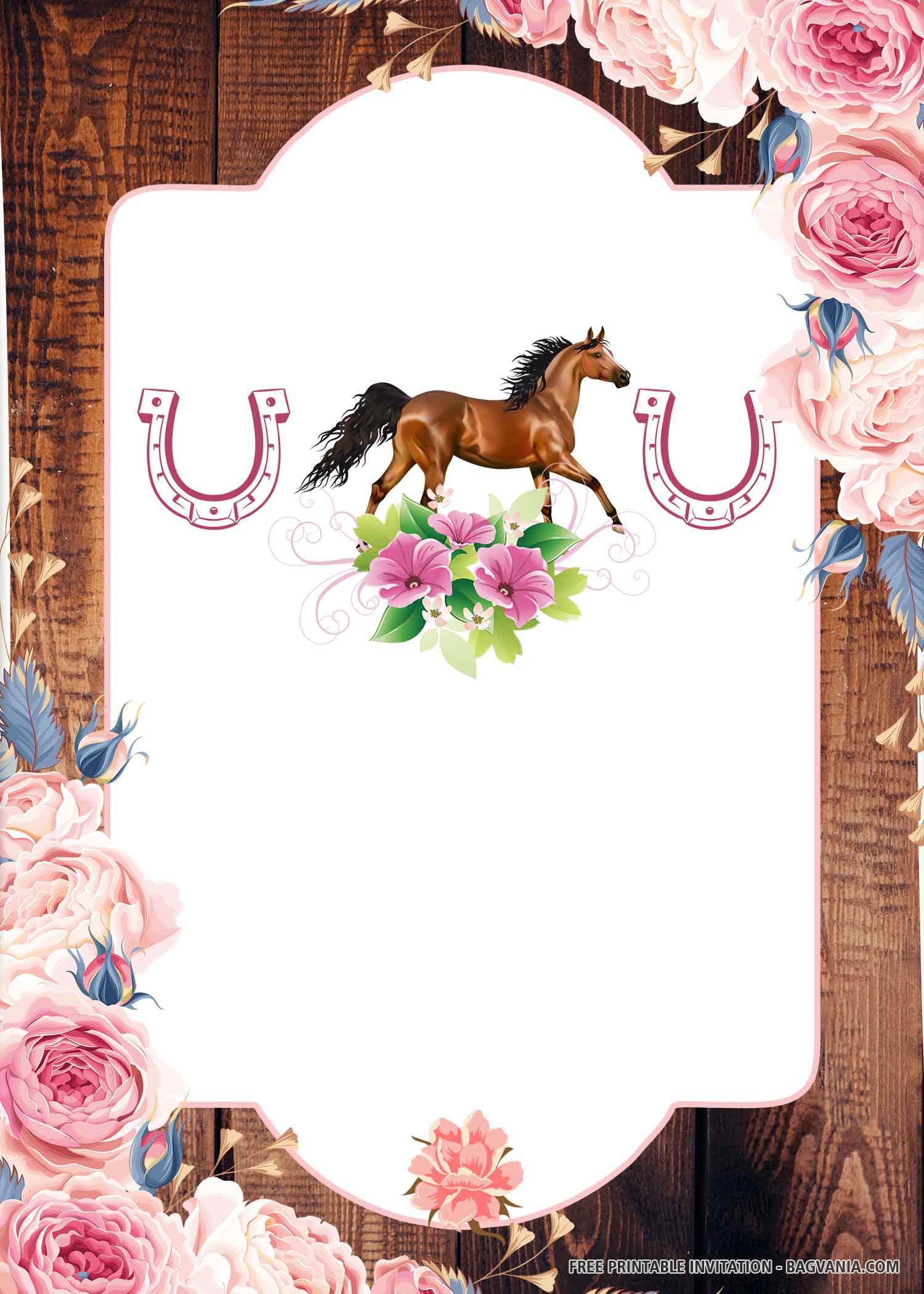 FREE Pink Horse with Horseshoes, Pink Roses, and Wood Background