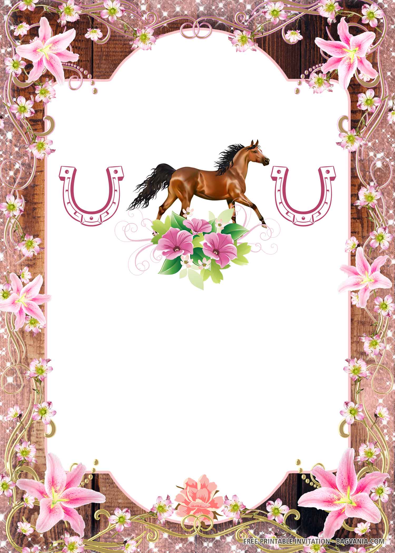 FREE Pink Horse with Horseshoes, Flowers Border, and Wood Background