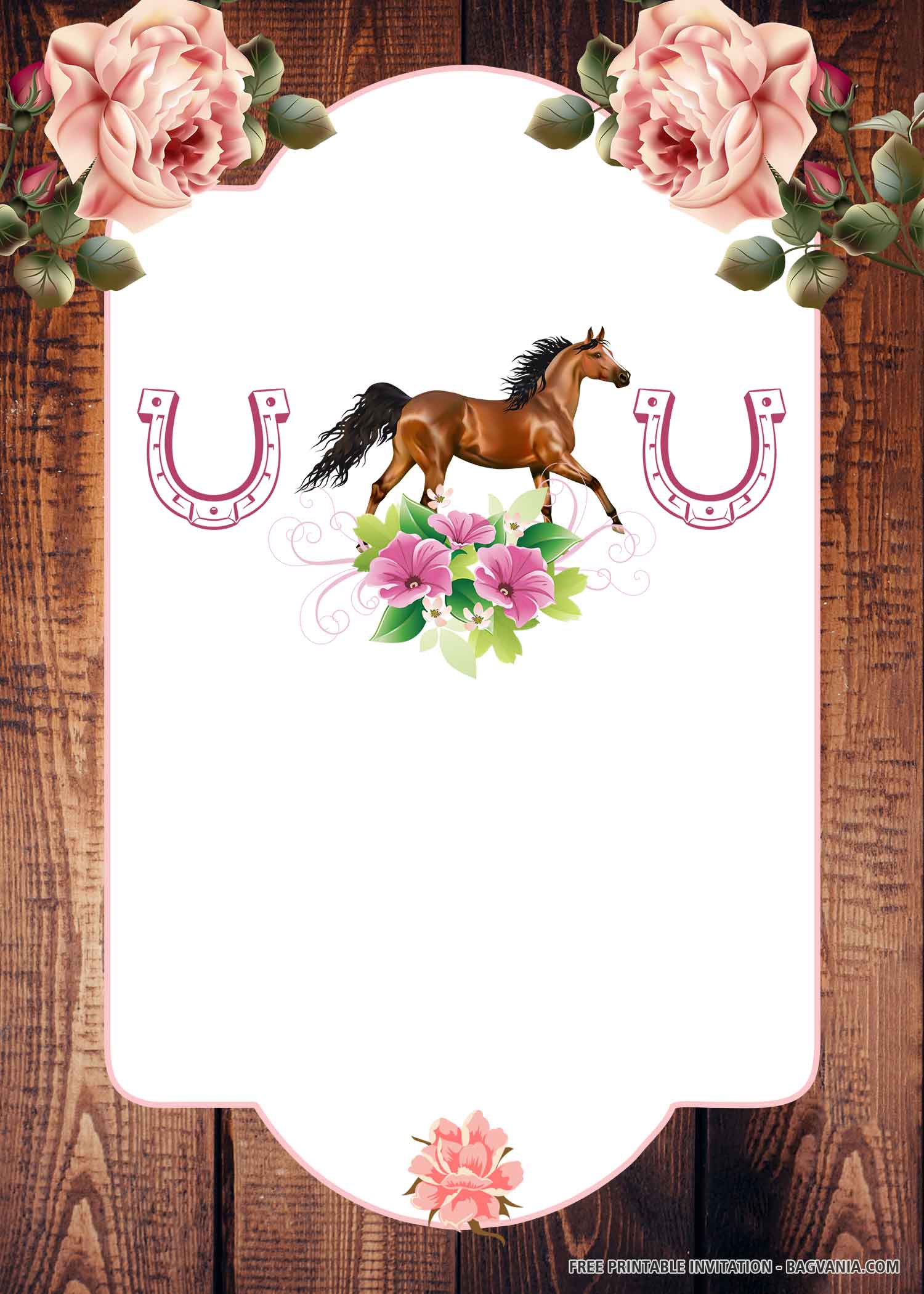 FREE Pink Horse with Horseshoes, Flowers, and Wood Background