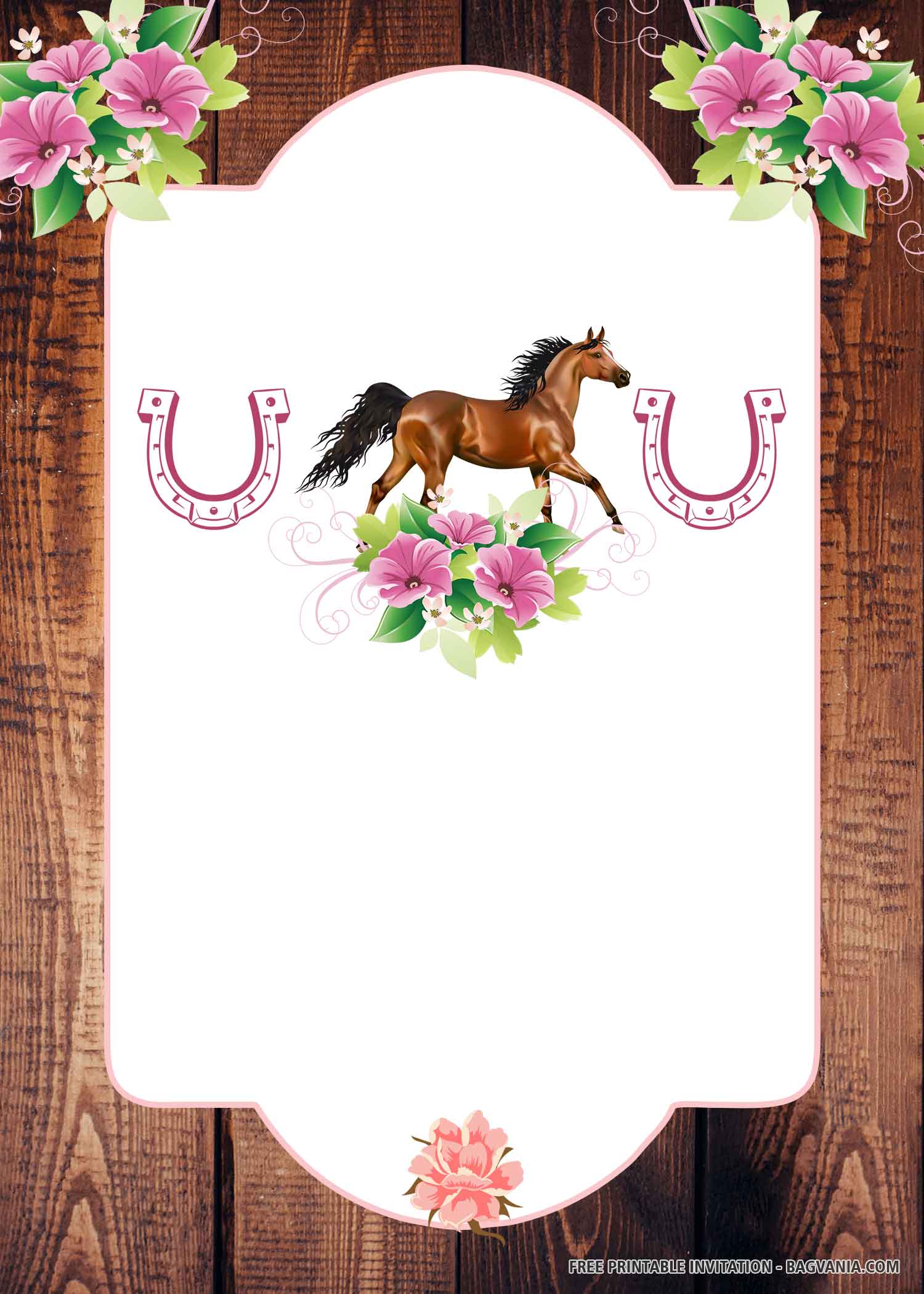 FREE Pink Horse with Horseshoes, Four Flowers, Wood Background