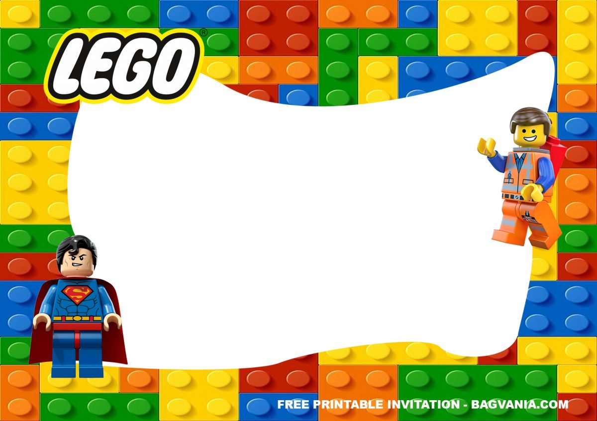 Free Printable Lego Superheroes Birthday Invitation Templates With Landscape Design and Space For Party Information