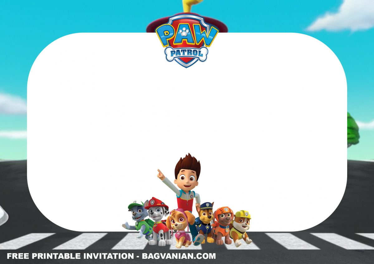 Free Printable Mighty PAW Patrol Birthday Invitation Templates With Landscape Design and White Text Box