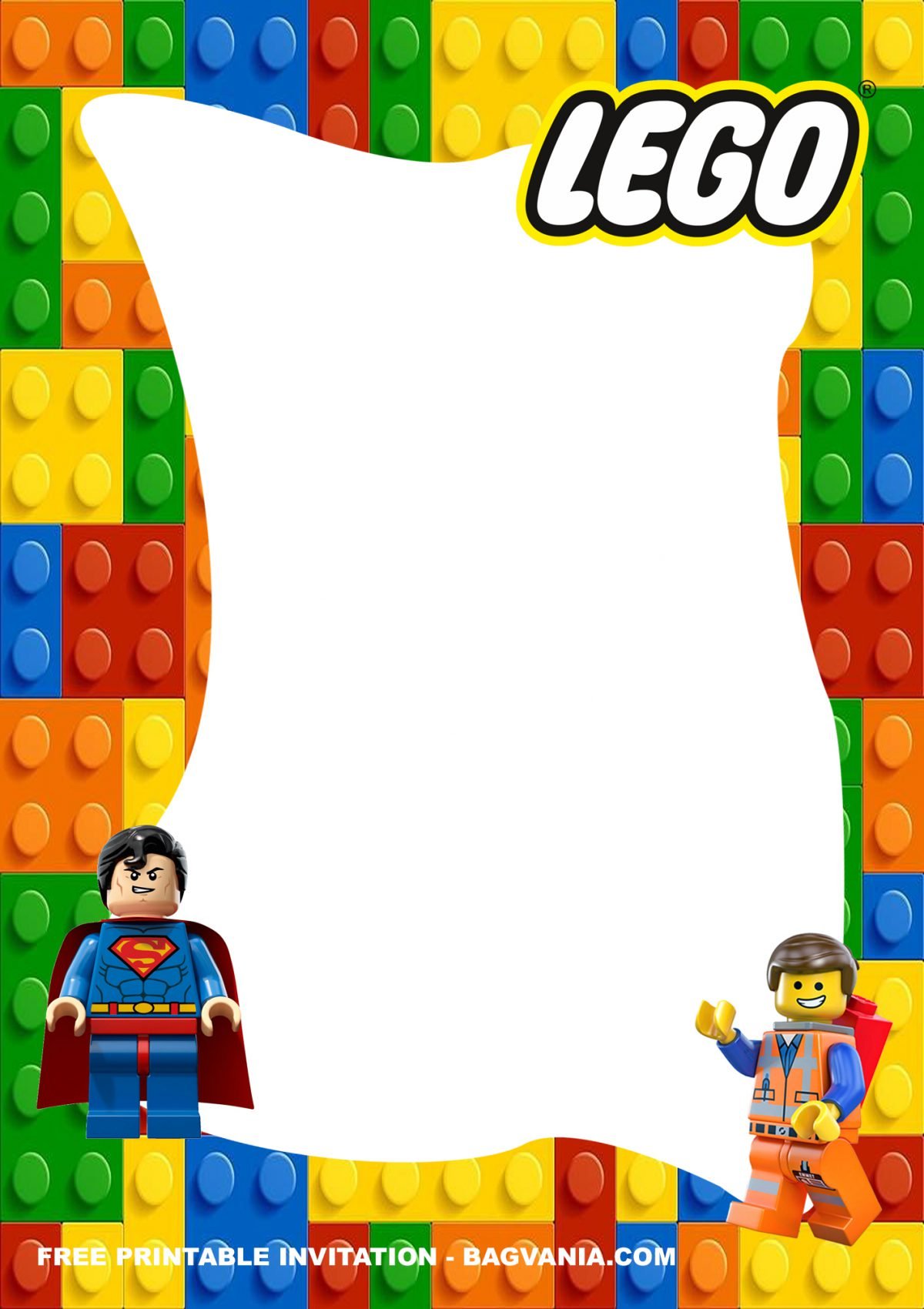 Free Printable Lego Superheroes Birthday Invitation Templates With Superman and Construction Worker Mini-figures