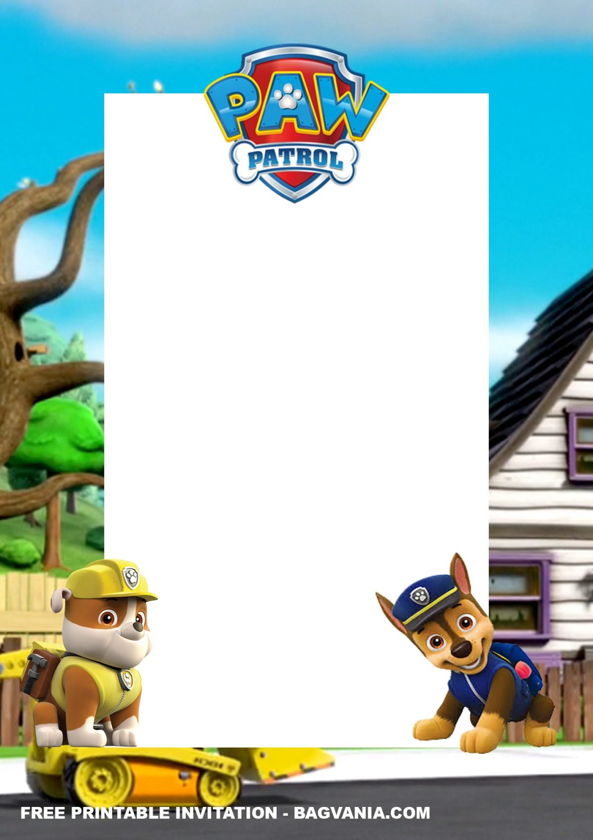 Free Printable Mighty PAW Patrol Birthday Invitation Templates With Portrait Design and Trees
