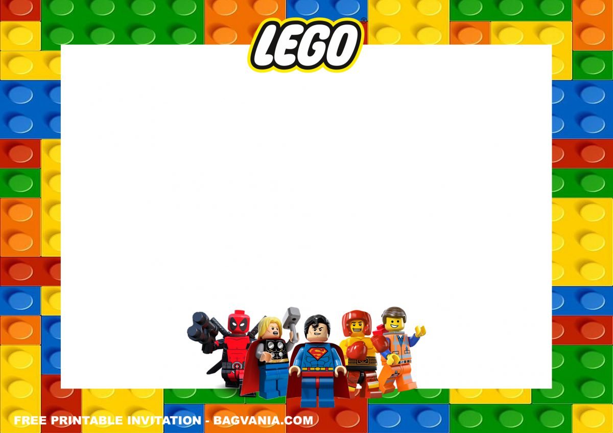 Free Printable Lego Superheroes Birthday Invitation Templates With Brick-style Background and Colorful Design