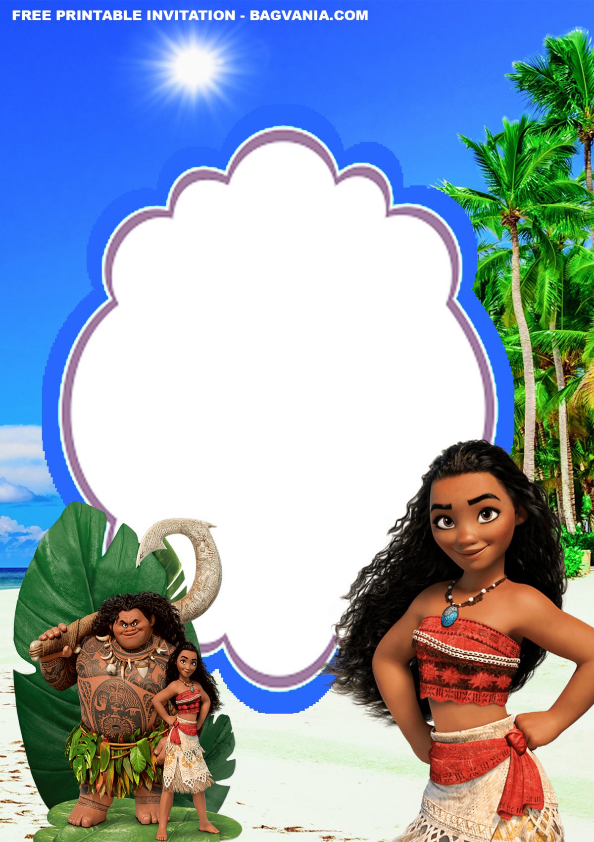 Free Printable Baby Moana Birthday Invitation Templates With Portrait Design and Blue Text Frame
