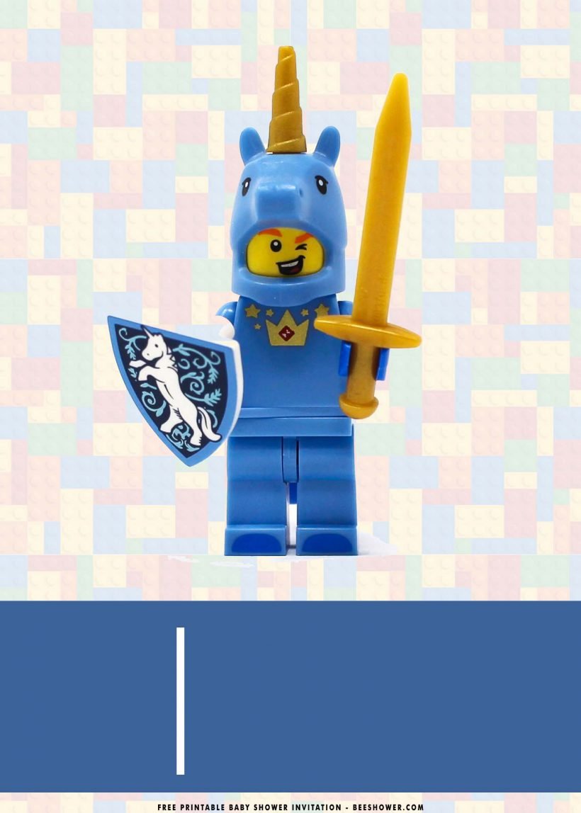 Free Printable Lego Unicorn Baby Shower Invitation Templates With Blue Armor and Shield