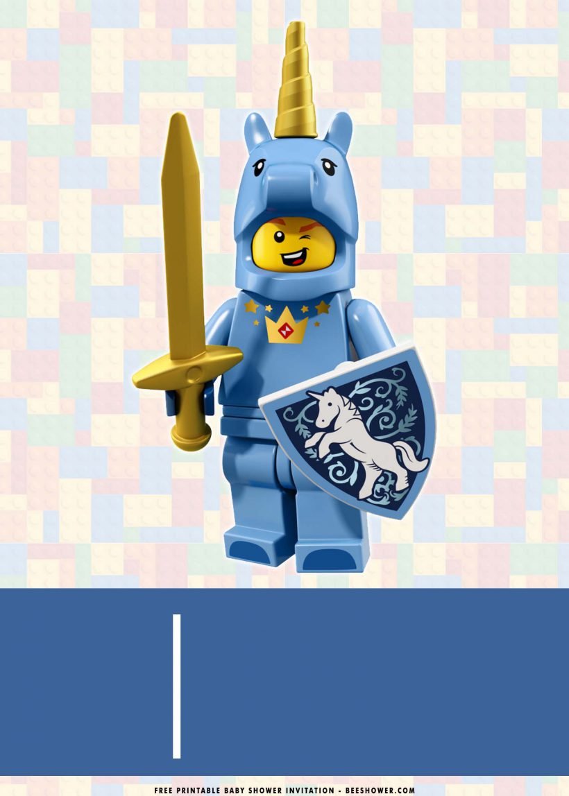 Free Printable Lego Unicorn Baby Shower Invitation Templates With Unicorn Boy and Long Sword