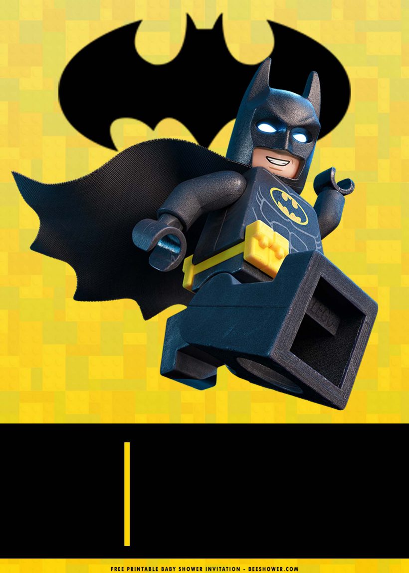 Free Printable Lego Batman Baby Shower Invitation Templates With Bat Logo and Pixelated Background