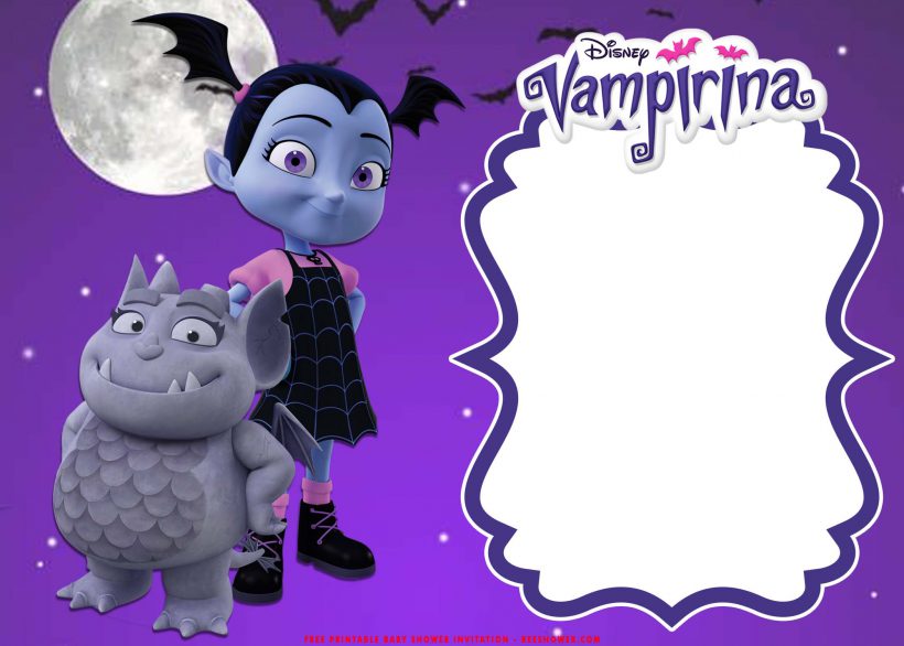 Free Printable Disney Vampirina Invitation Templates With Full Moon and Flying Bats