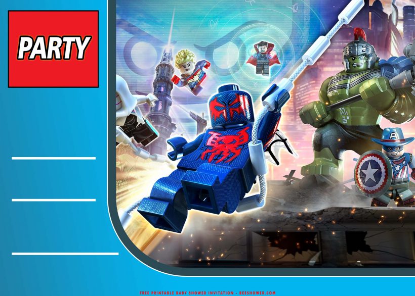Free Printable Lego Avenger Birthday Invitation Templates With Spiderman and Blockbuster Iron Man