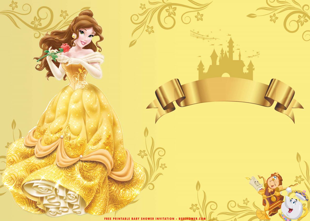 Free Printable Romantic Beauty And The Beast Baby Shower Invitation Templates With Princess Belle and Golden Dress