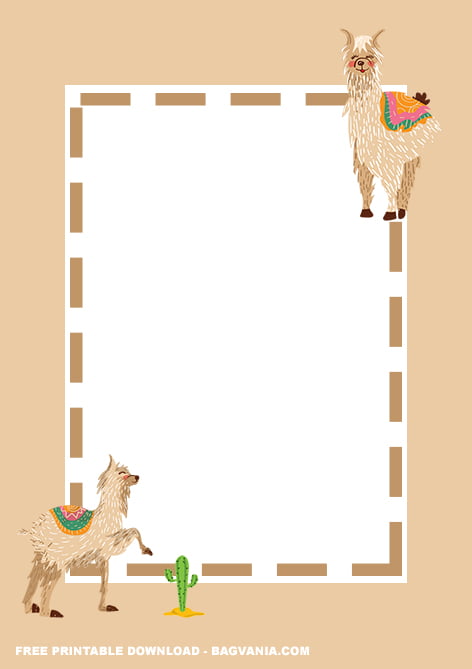 Free Printable Beige Llama Baby Shower Invitation Templates With Dash Lines Frame