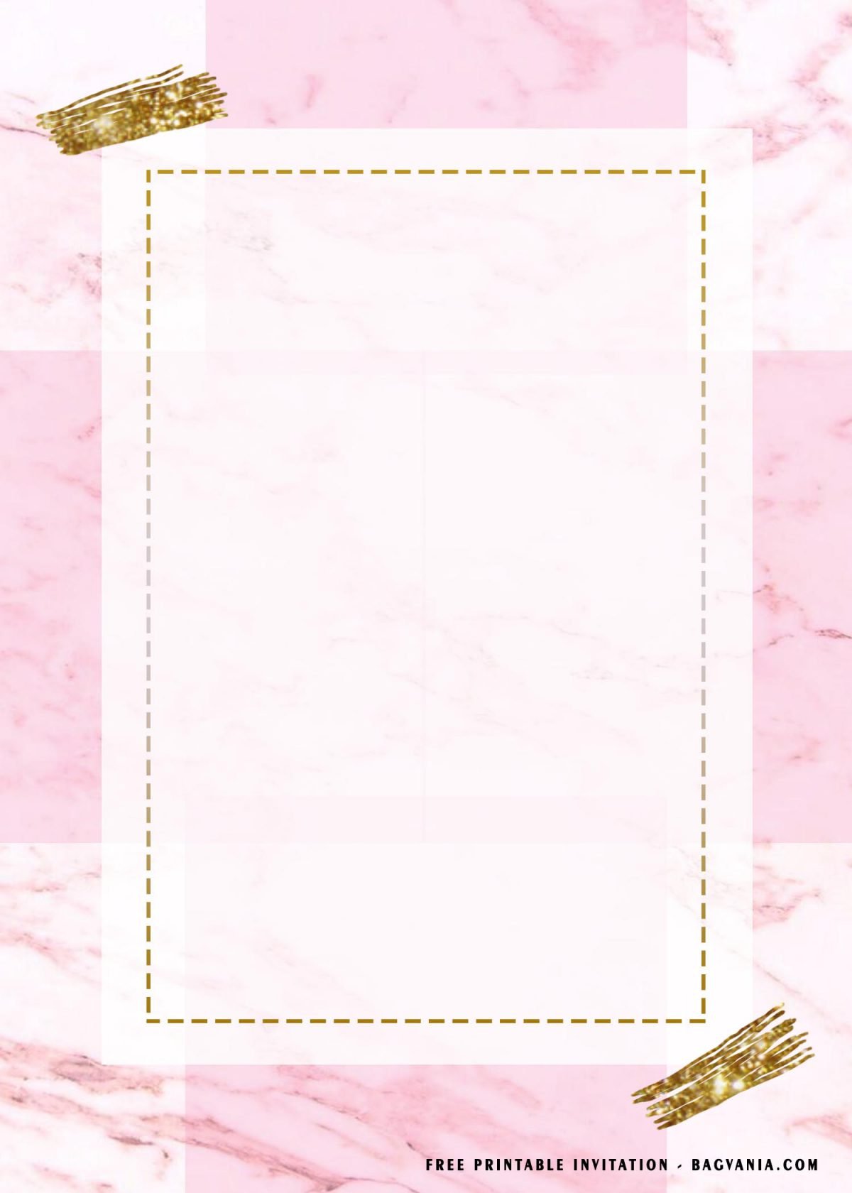 Free Printable Blank Rectangle Birthday Invitation Templates With Gold Dash Lines and Portrait Design