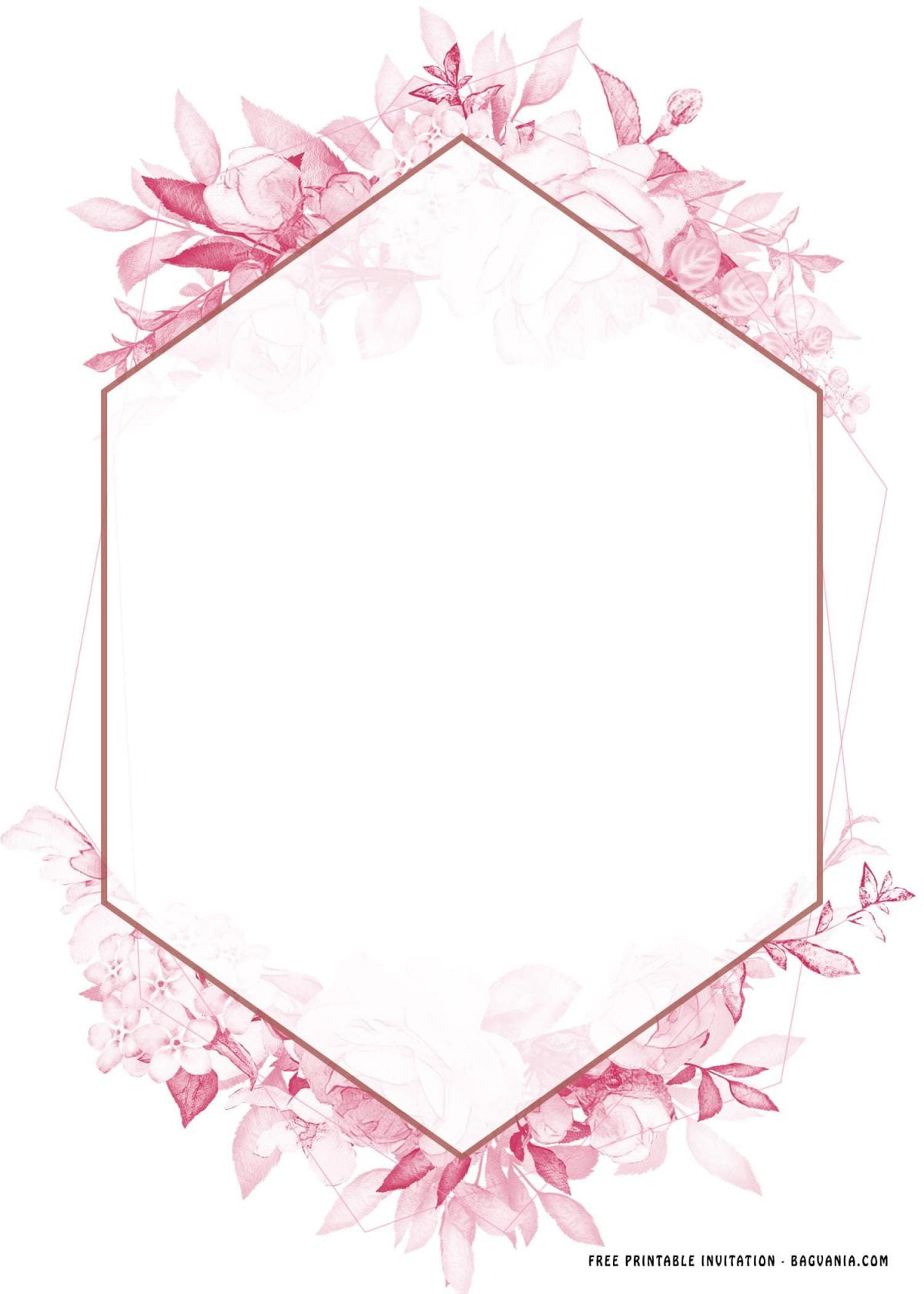 Free Printable Blush Pink Floral Birthday Invitation Templates With Hexagon Shaped Text Frame