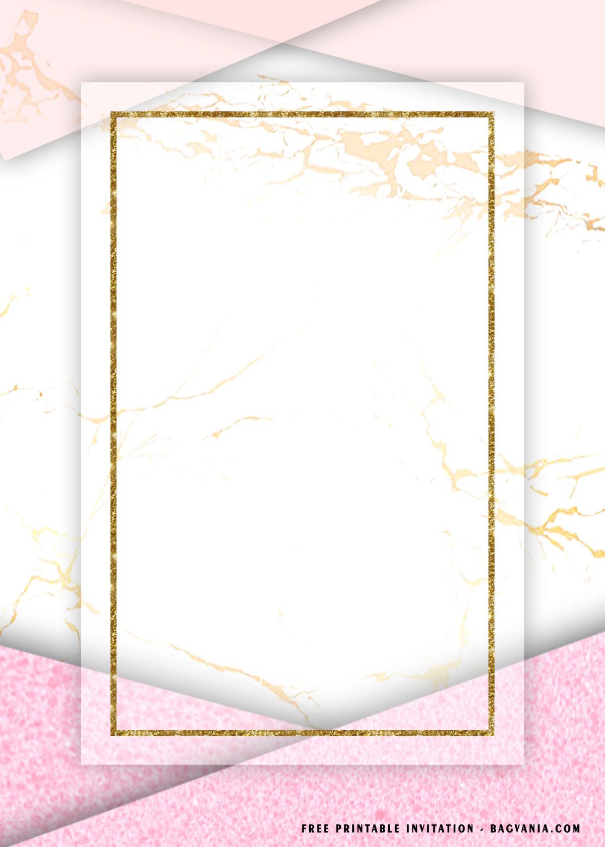 Free Printable Gold Rectangle Baby Shower Invitation Templates With Pink and White Marble Background
