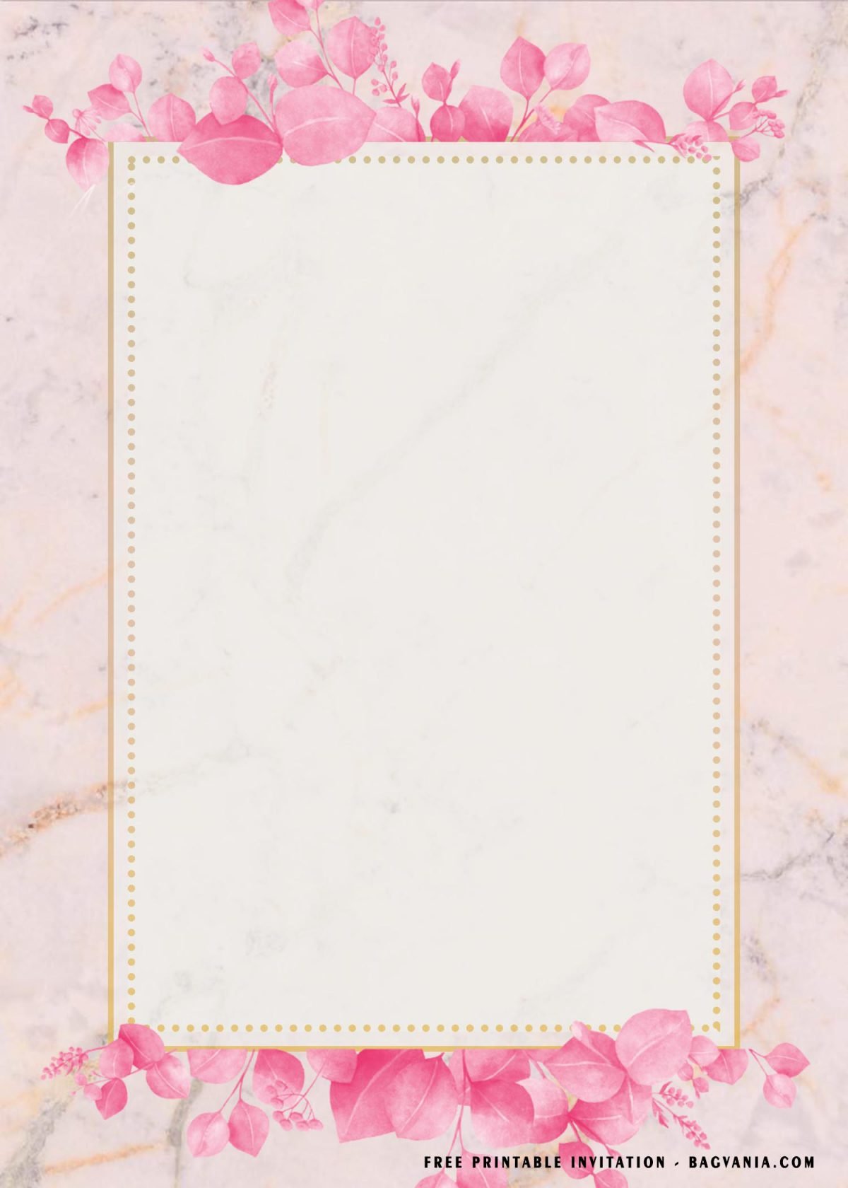 Free Printable Pink Flower Gold Frame Baby Shower Invitation Templates With Eucalyptus Flowers
