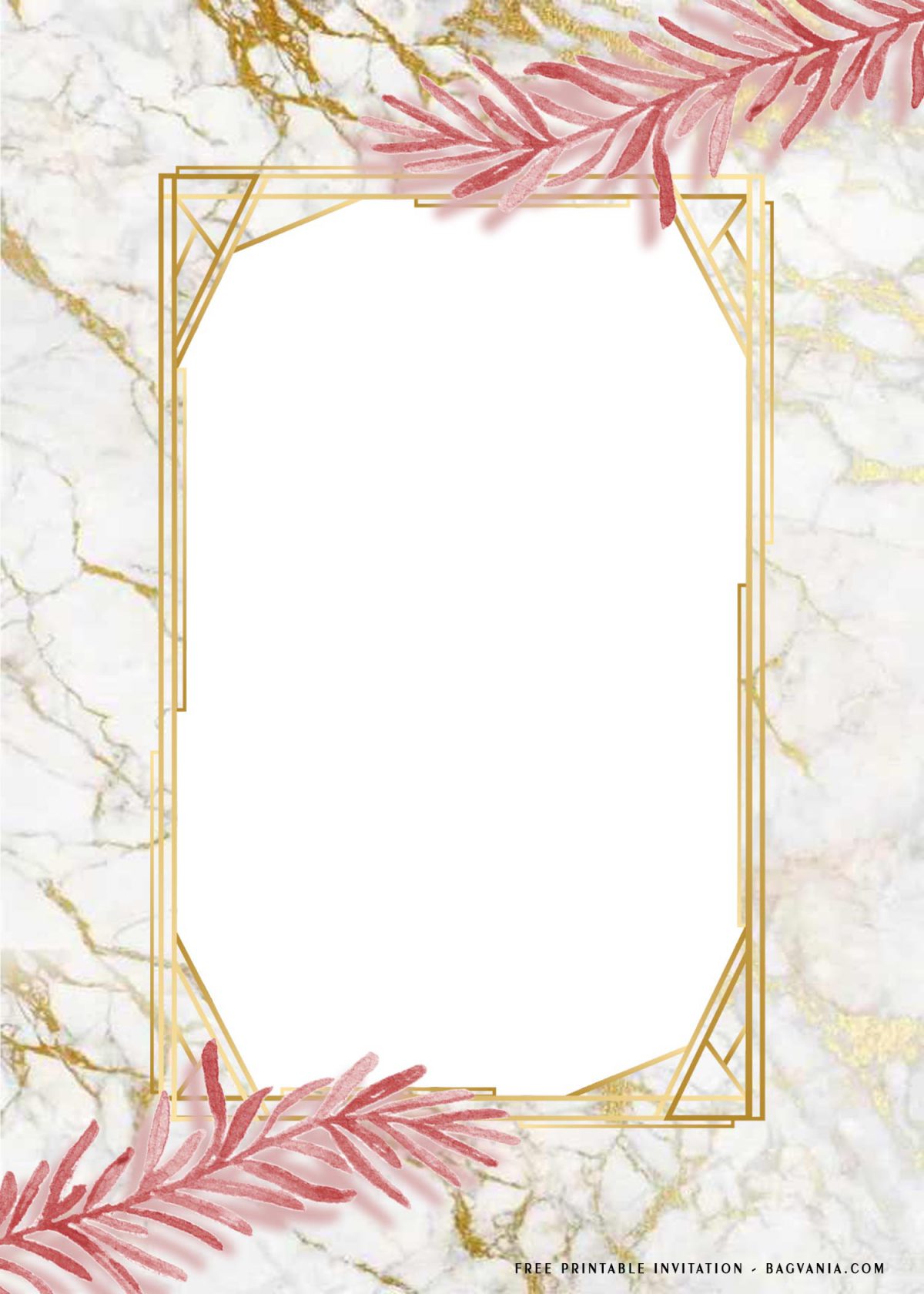 Free Printable Leafy Golden Frame Birthday Invitation Templates With Pink and Gold Marble Background